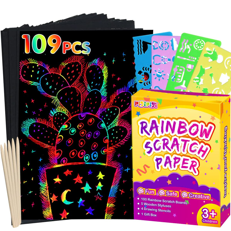 pigipigi Rainbow Scratch Paper Art - 109 Pcs Magic Scratch Off Craft Kit for Kids Color Drawing Note Pad Supply for Children Girls Boys DIY Party Favor Game Activity Birthday Christmas Toy Gift Set