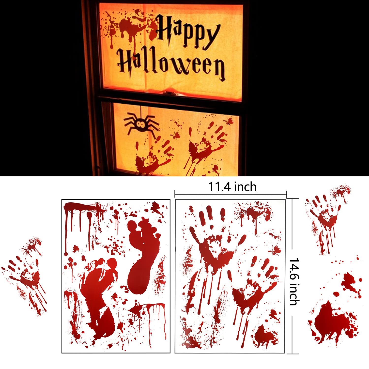 159 PCS Halloween Decorations, 8 Sheets Terror Bloody Handprint Footprint Window Stickers, 8 Sheets Tattoo Stickers, Halloween Party Indoor/Outdoor Decoration,Spooky Wall Decal and Floor Stickers