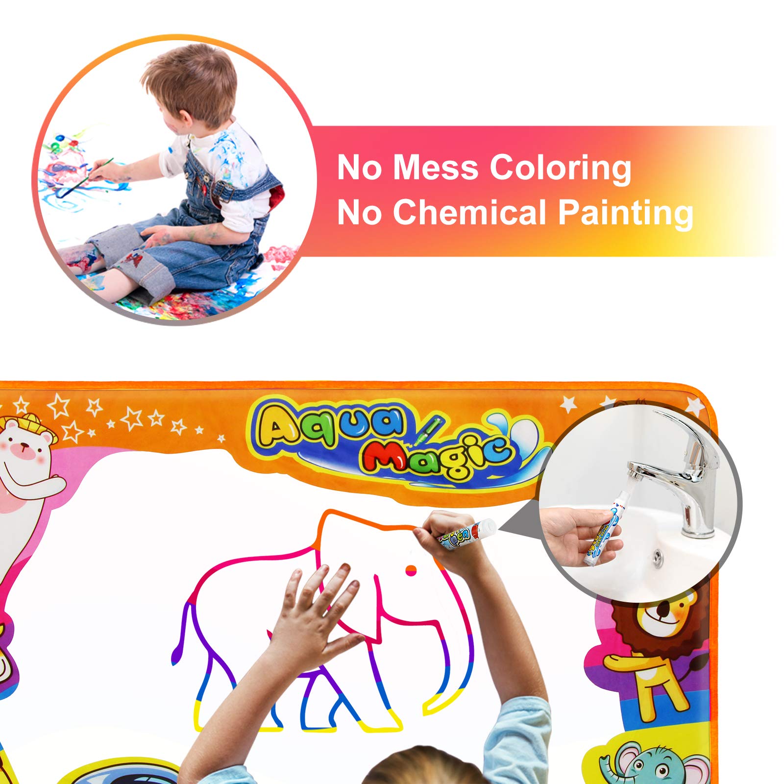 Betheaces Water Drawing Mat Aqua Magic Doodle Kids Toys Mess Free Coloring Painting Educational Writing Mats Xmas Gift for Toddlers Boys Girls Age of 3,4,5,6,7 Year Old 34.5" X 22.5" in 6 Colors