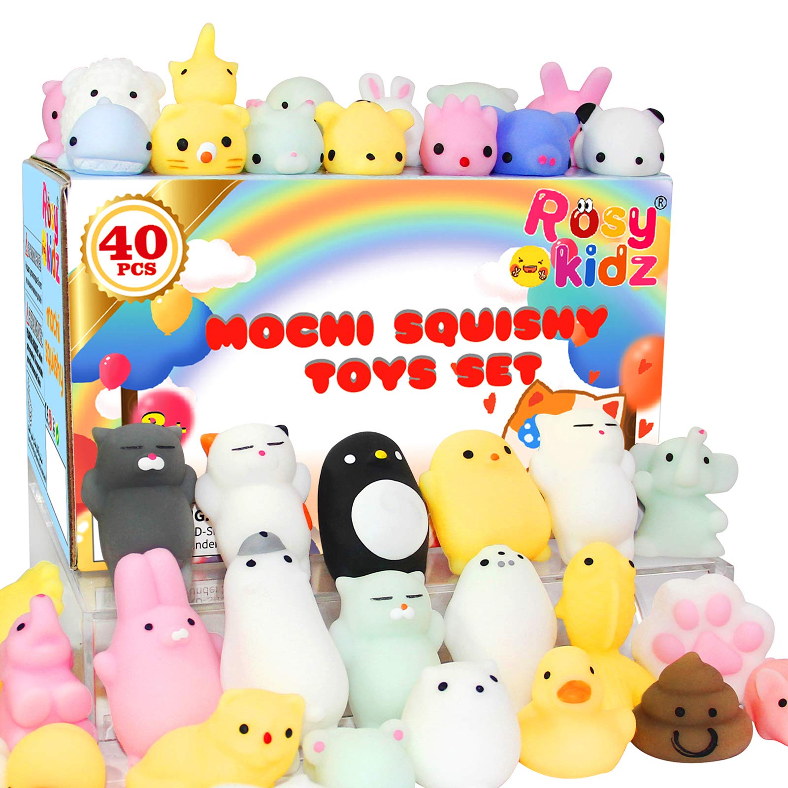 ROSYKIDZ 40pcs Mochi Squishy Toys Bulk, Kids Party Favors Squishes Stress Toys Pack Includes Unicorn, Cat and Animals Toy for Kids Boys Girls Class Prize Box Items, Easter Egg Fillers Basket Stuffers