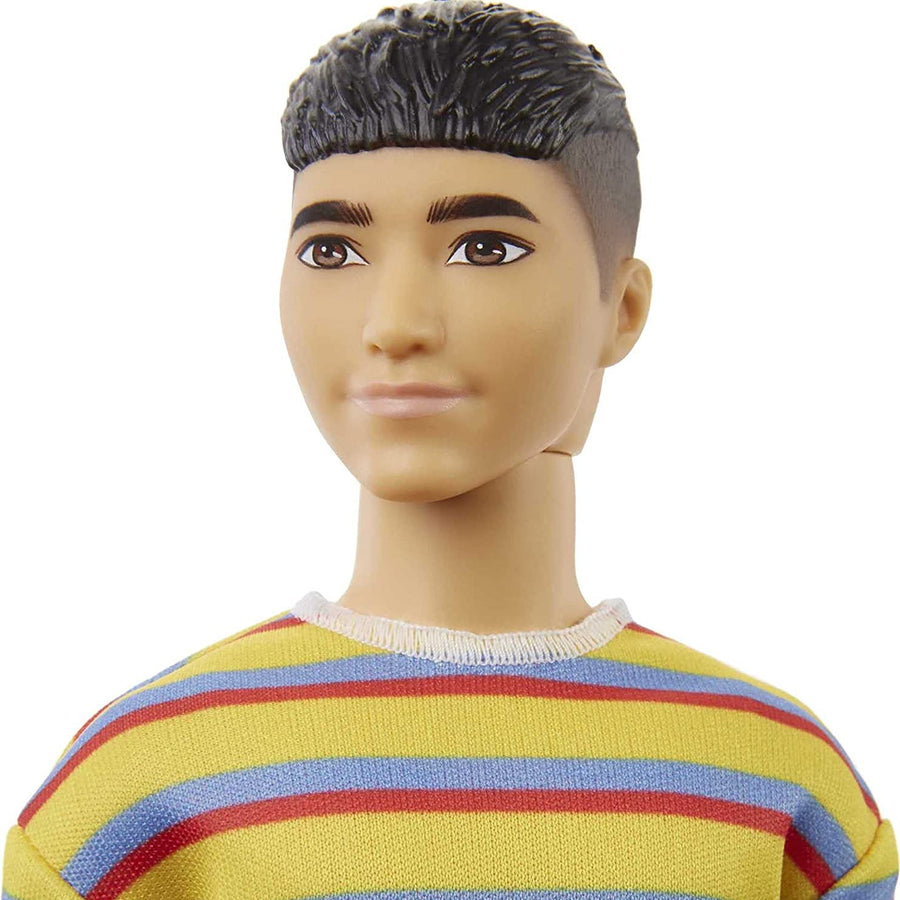 Barbie Ken Fashionistas Doll #175 with Sculpted Brunette Hair Wearing a Long-Sleeve Colorful Striped Shirt, Denim Shorts, White Boots, Toy for Kids 3 to 8 Years Old