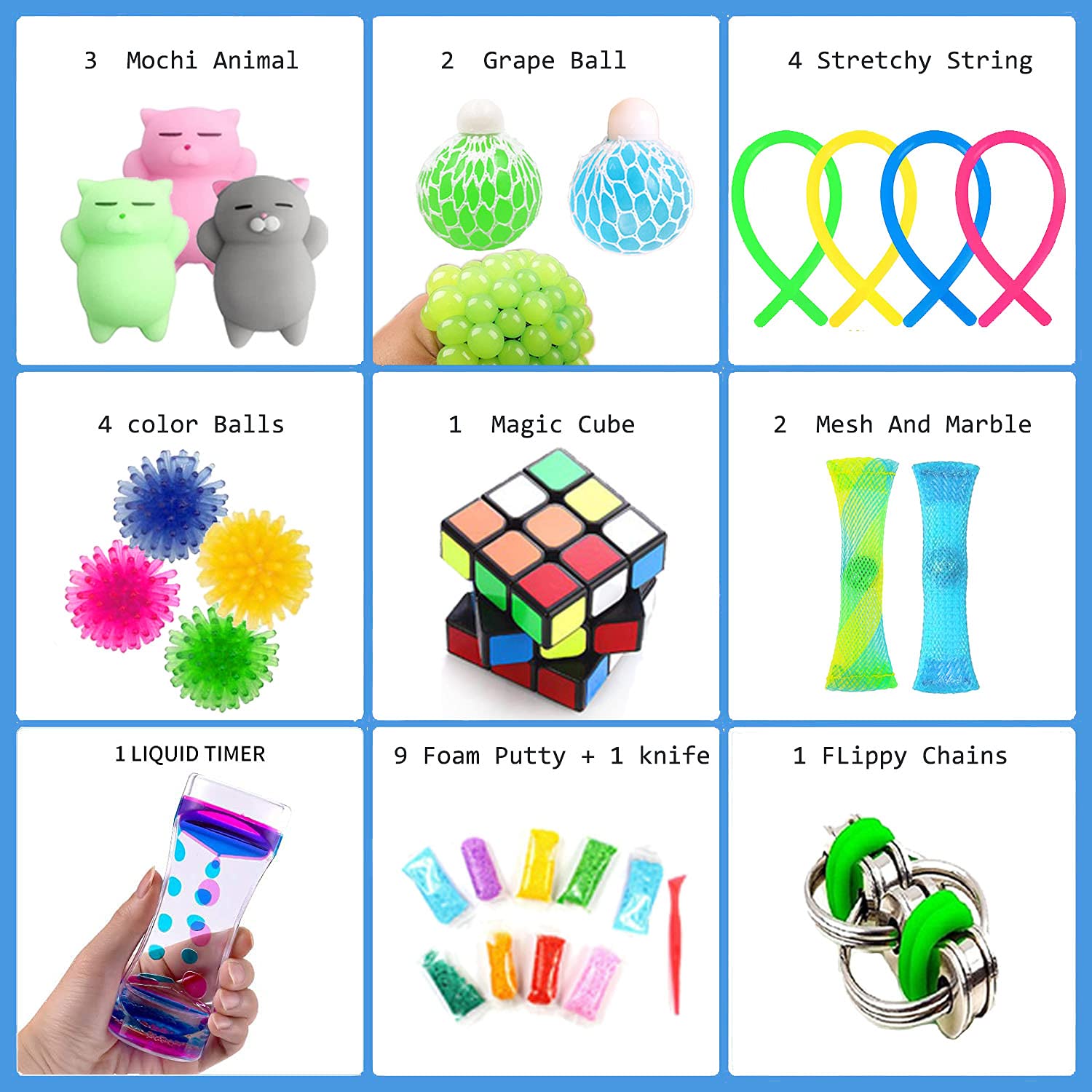 GONGYIHONG 40 Pack Sensory Fidget Toys Bundle, Fidget Cube/Liquid Motion Timer /Bike Chain/Soybeans Squeeze Grape Ball- Perfect for Kids&Adult…