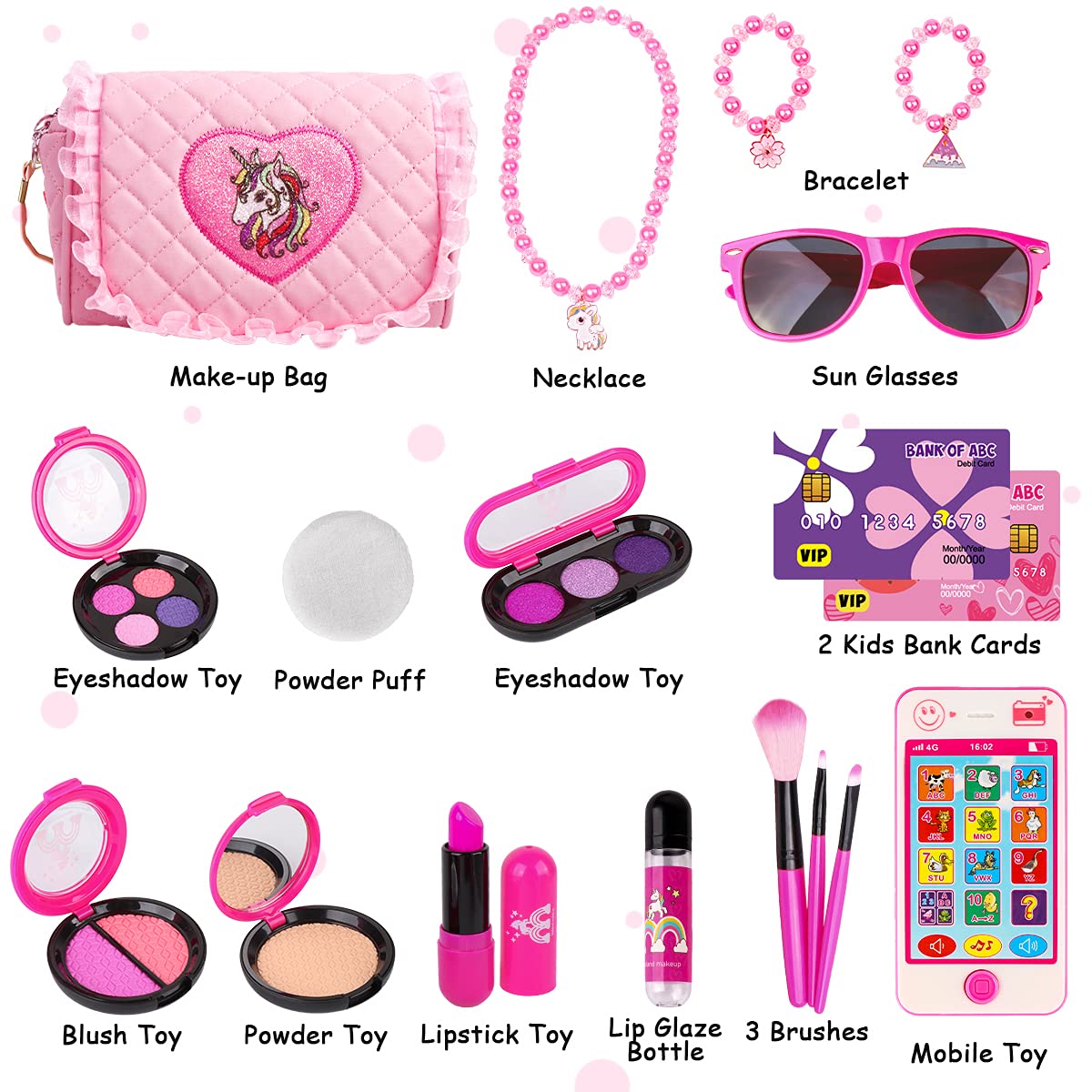 Meland Kids Makeup Kit - Girl Pretend Play Makeup & My First Purse Toy for Toddler Gifts with Pink Princess Purse, Smartphone, Sunglasses, Credit Card, Lipstick,Brush,Lights Up & Make Real Life Sounds