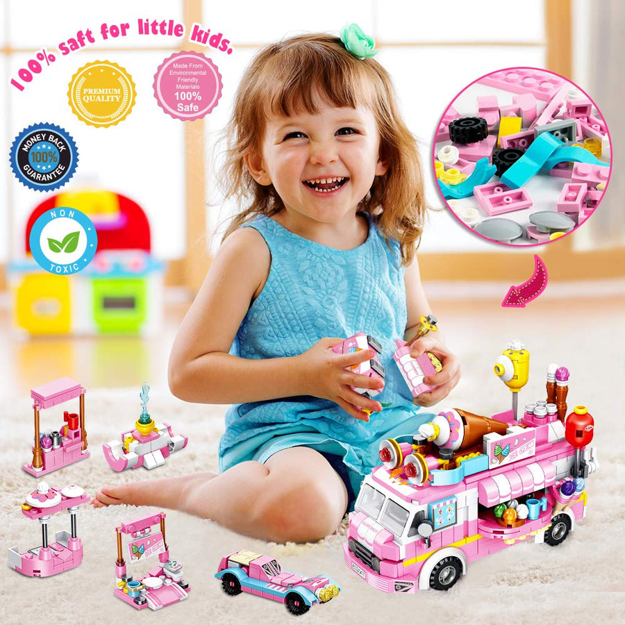 VATOS Girls Building Blocks Toys 553 Pieces Ice Cream Truck Set Toys for Girls 25 Models Pink Building Bricks Toys STEM Toys Construction Play Set for Kids Best Gifts for Girls Age 6-12 and Up