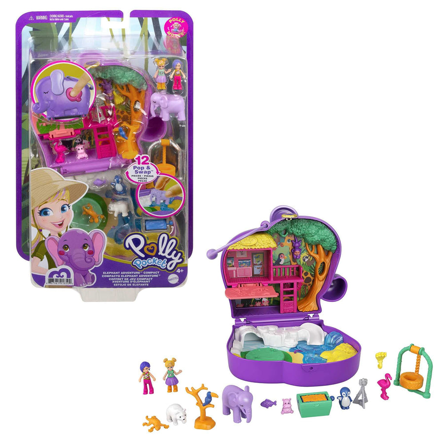 Polly Pocket Elephant Adventure Compact, Animal Theme with Micro Polly & Bella Dolls, 5 Reveals & 13 Related Accessories, Pop & Swap Feature, Great Gift for Ages 4 Years Old & Up