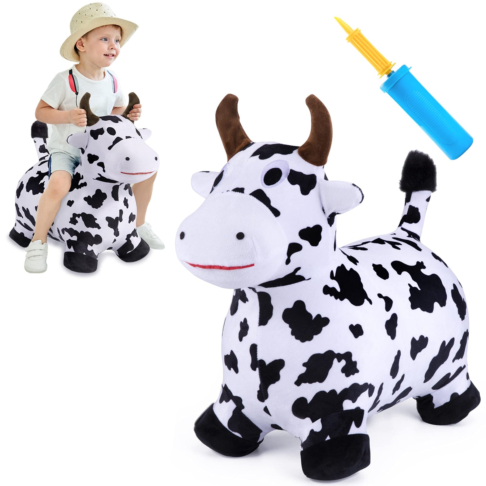 iPlay, iLearn Bouncy Pals Cow Hopping Horse, Outdoor Ride On Bouncy Animal Play Toys, Inflatable Hopper Plush Covered with Pump, Activities Gift for 18 Months 2 3 4 5 Year Old Kids Toddlers Boys Girls