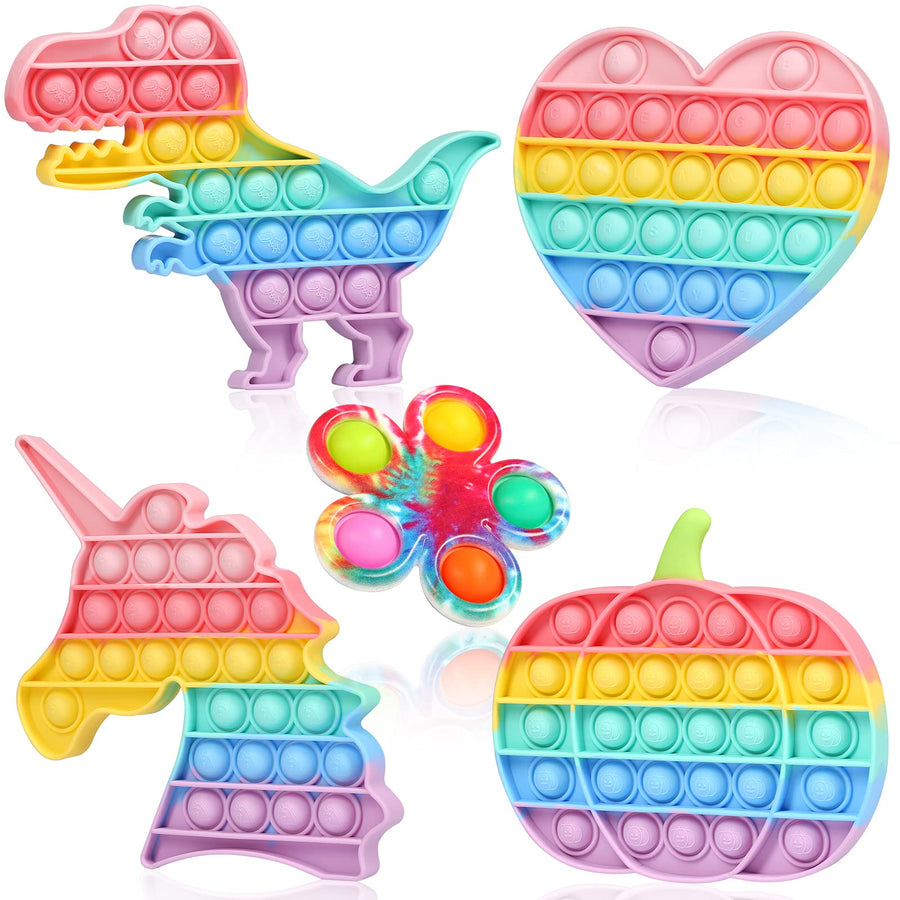 LASMEX Rainbow Unicorn Dinosaur Heart Pumpkin Push Bubble Bubbles Fidget Fidgets Popping Popper Sensory Relief Toys Toy Pack Packs Set Sets and Anti-Anxiety Tools for Teens Girls Office Older (5Packs)