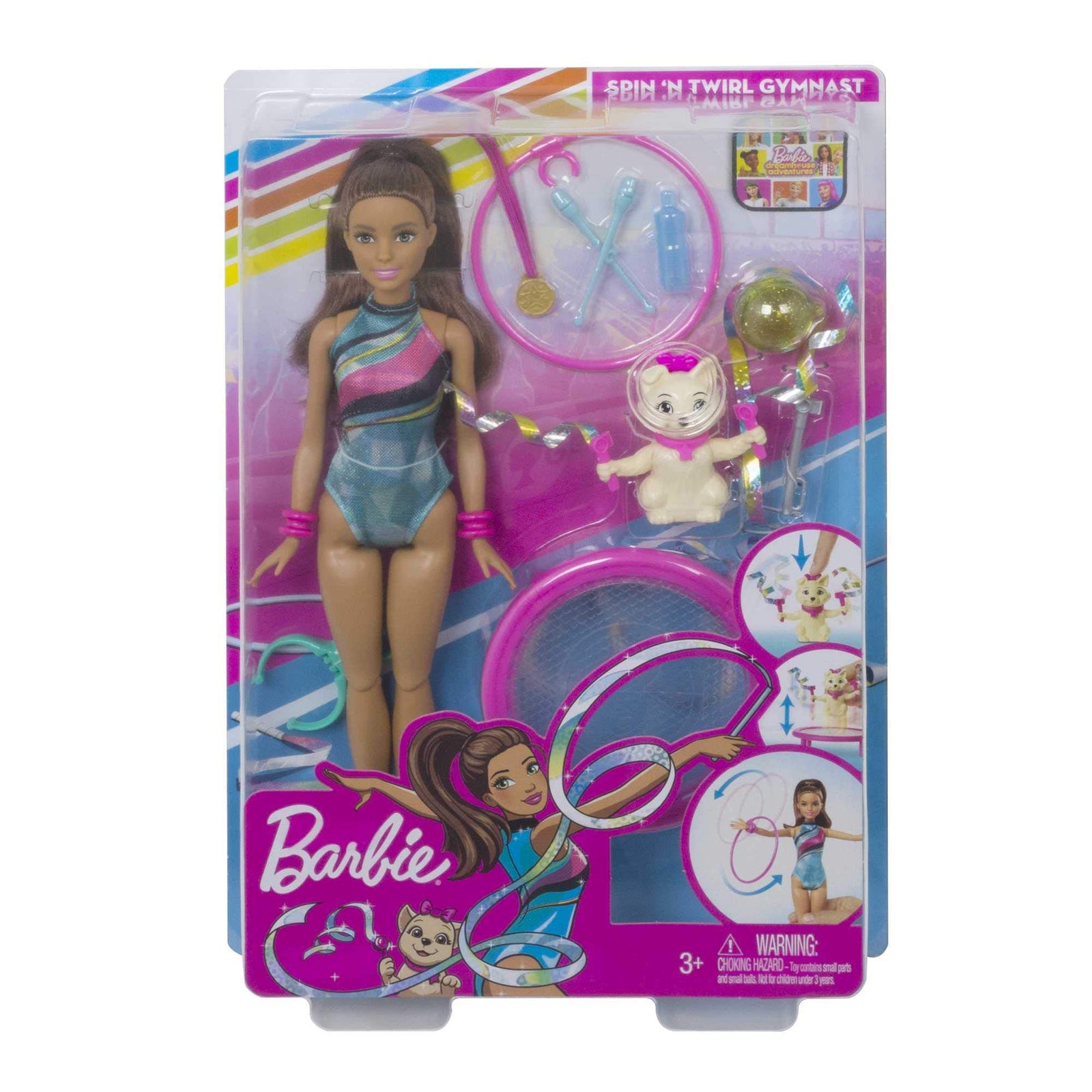 Barbie Dreamhouse Adventures Teresa Spin ‘n Twirl Gymnast Doll, 11.5-inch Brunette, in Leotard, with Accessories