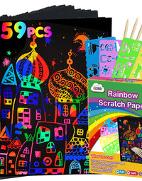 ZMLM Scratch Paper Art Set: 59Pcs Magic Drawing Art Craft Kid Black Scratch off Paper Supply Kit Toddler Preschool Learning Bulk Toy for Age 3 4 5 6 7 8 9 10 Girl Boy Holiday|Party Favor|Birthday Gift
