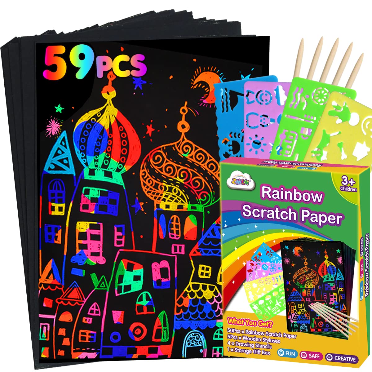 ZMLM Scratch Paper Art Set: 59Pcs Magic Drawing Art Craft Kid Black Scratch off Paper Supply Kit Toddler Preschool Learning Bulk Toy for Age 3 4 5 6 7 8 9 10 Girl Boy Holiday|Party Favor|Birthday Gift