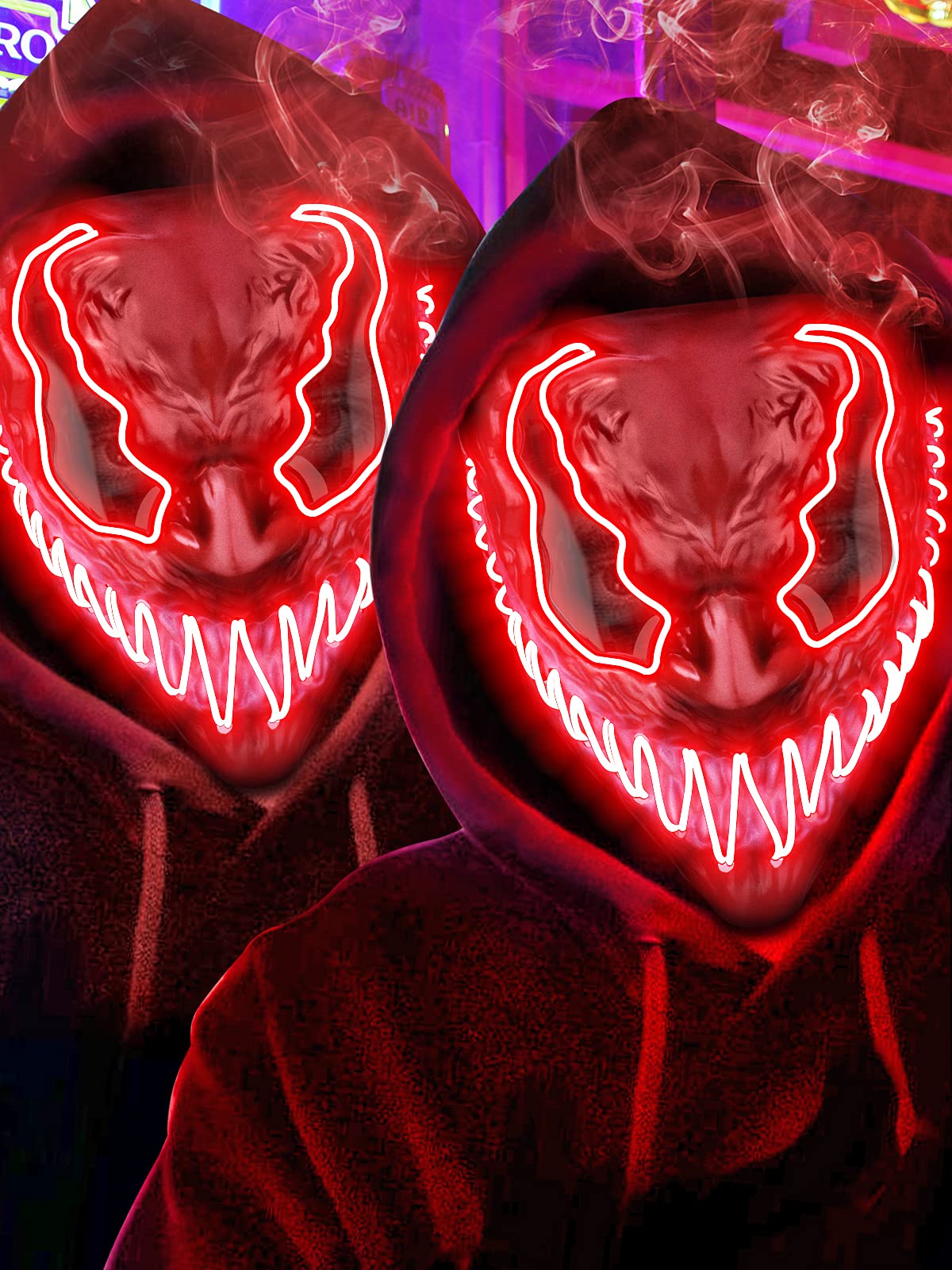 2 Pack Light Up Halloween Mask Scary Costume LED Mask with 3 lighting Modes for Masquerade Cosplay Club Party - Halloween Glowing Mask for Men Women Kids…