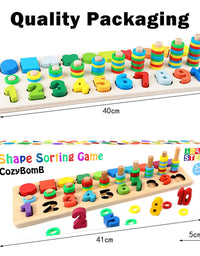 CozyBomB Wooden Number Puzzle Sorting Montessori Toys for Toddlers - Shape Sorter Counting Game for Age 3 4 5 Year olds Kids - Preschool Education Math Stacking Block Learning Wood Chunky Jigsaw
