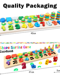 CozyBomB Wooden Number Puzzle Sorting Montessori Toys for Toddlers - Shape Sorter Counting Game for Age 3 4 5 Year olds Kids - Preschool Education Math Stacking Block Learning Wood Chunky Jigsaw
