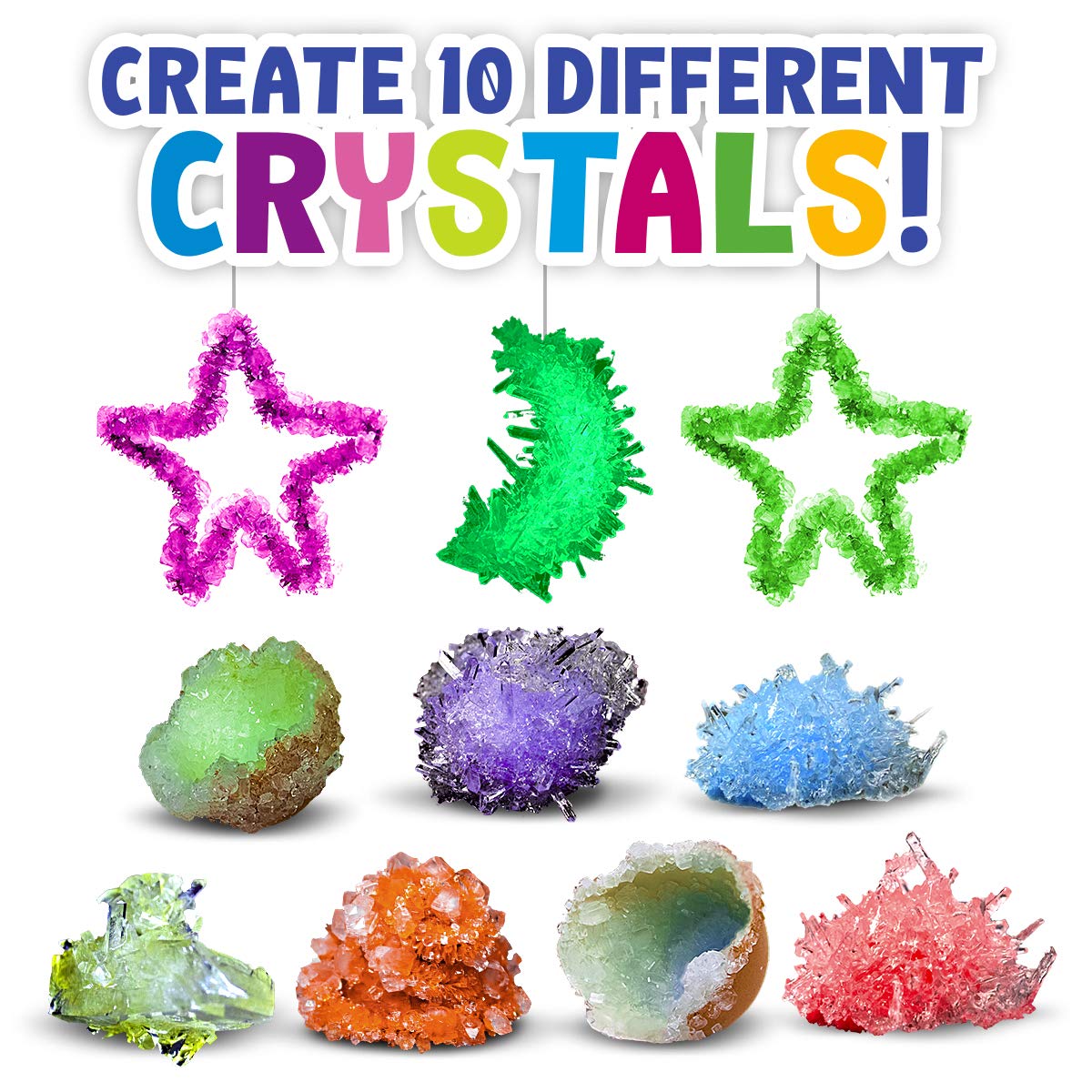 Crystal Growing kit for Kids. Science Experiment Kit - 10 Crystals! Great Crafts Gift for Girls and Boys Ages 6,7,8,9,10