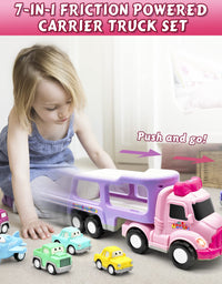 LASCOTON Toys for 1 2 Year Old Girl, 7-in-1 Carrier Truck, Toddler Girl Toys, Friction Power Toy Cars with Light & Sound, 1 2 3 Year Old Girl Gifts Birthday for Kids Girls Pink Toy
