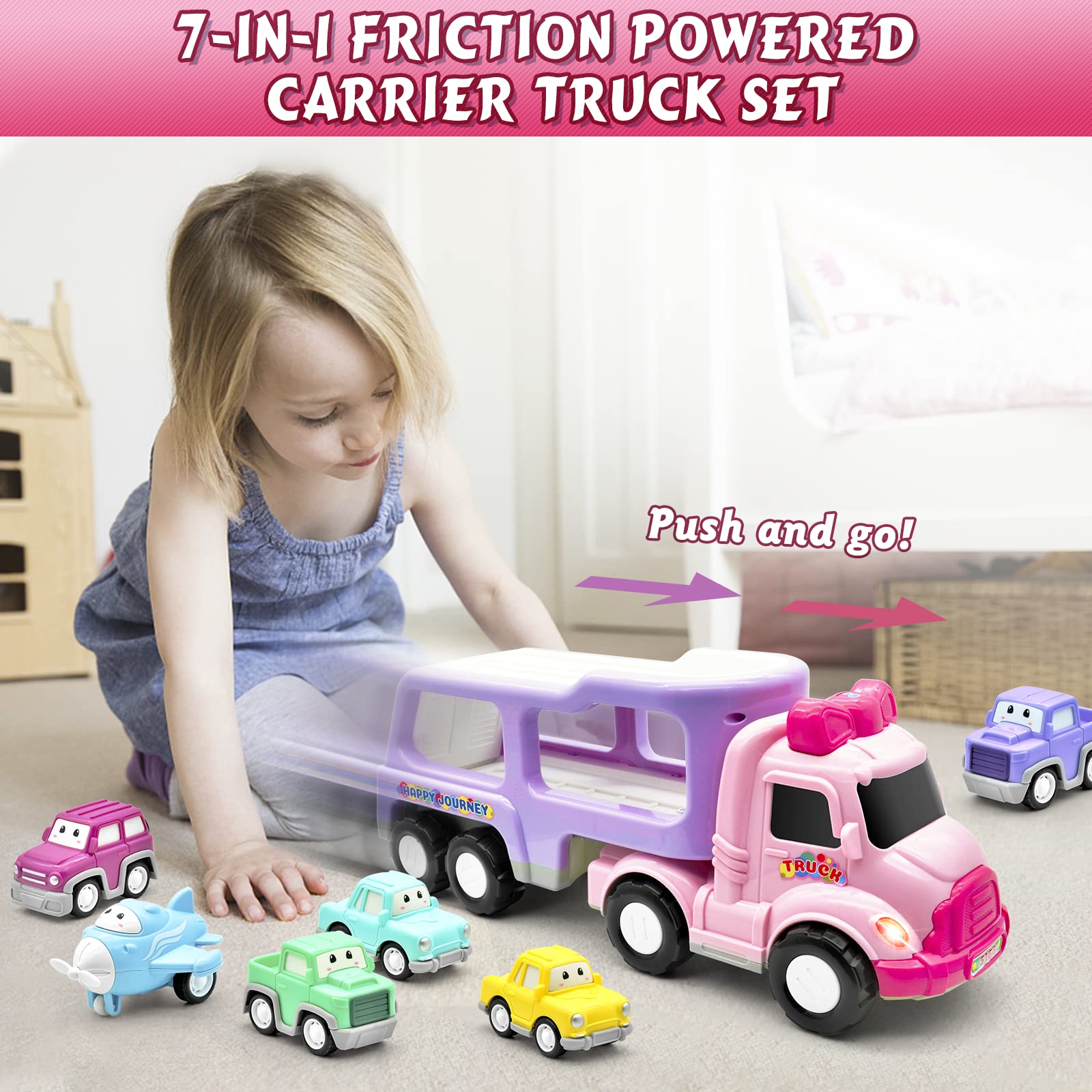 LASCOTON Toys for 1 2 Year Old Girl, 7-in-1 Carrier Truck, Toddler Girl Toys, Friction Power Toy Cars with Light & Sound, 1 2 3 Year Old Girl Gifts Birthday for Kids Girls Pink Toy