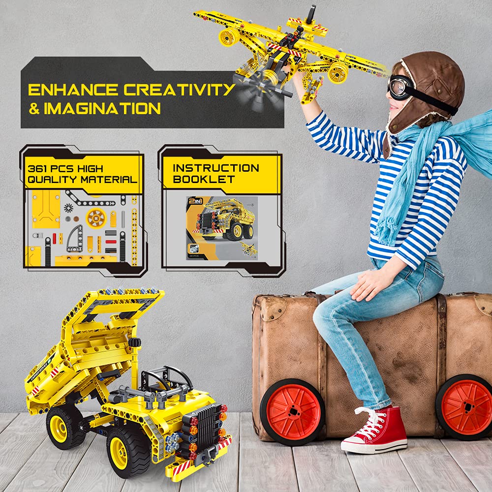 STEM Toy Building Toys Gifts for Age 6, 7, 8, 9, 10, 11, 12 Years Old Kids, Boys, Girl - 2-in-1 Truck Airplane Take Apart Toy, 361 Pcs DIY Building Kits, Learning Engineering Play Kit Construction Toy