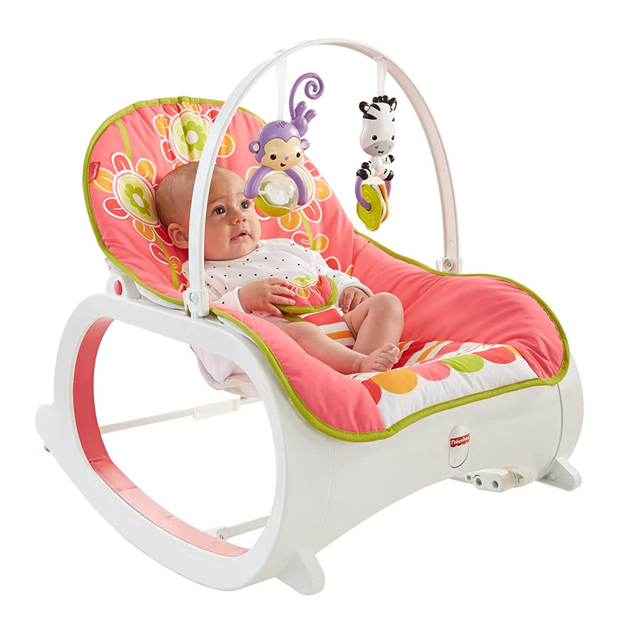 Fisher-Price Infant-to-Toddler Rocker Floral Confetti, stationary baby seat and rocking chair with toys