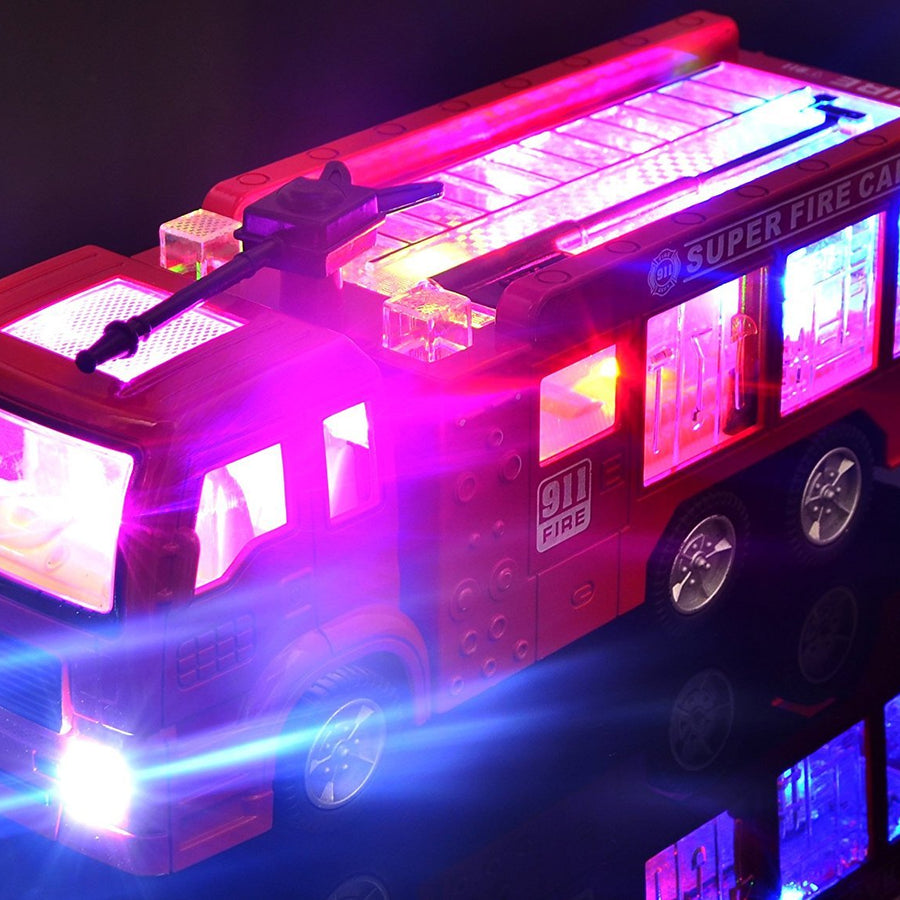 WolVolk Electric Fire Truck Toy with Stunning 3D Lights and Sirens, goes Around and Changes Directions on Contact - Great Gift Toys for Kids