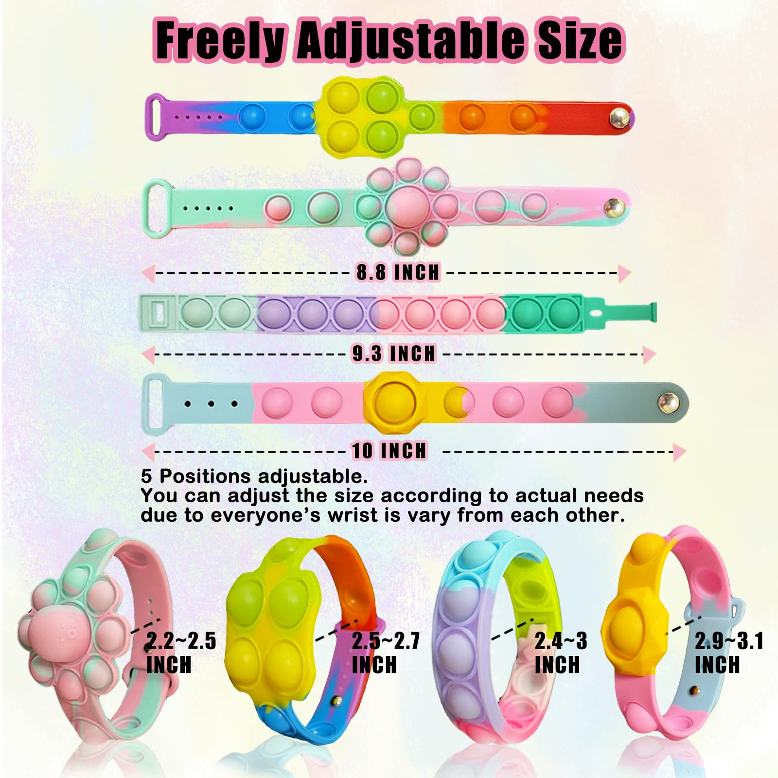18PCS Pop Fidget Bracelets Toys, Wristband Fidget Toys Sets, Adjustable Stress Relief Push Pop Bubbles Fidget Sensory Toy Wearable for Kids and Adults