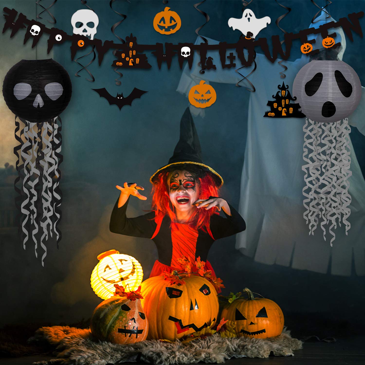 Decorlife Halloween Party Decorations, Halloween Decorations Indoor Including Happy Halloween Banner, Wire Lanterns, Hanging Swirls, Castle and Bats Centerpiece, Spiders and Web, Balloons