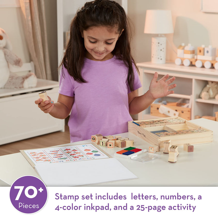 Melissa & Doug Deluxe Letters and Numbers Wooden Stamp Set ABCs 123s With Activity Book, 4-Color Stamp Pad
