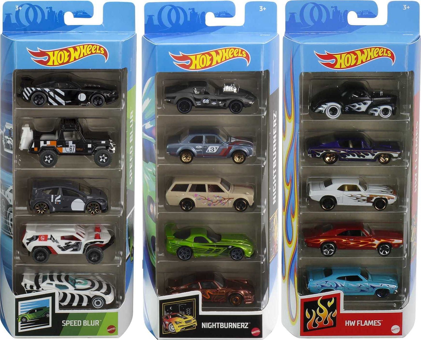 Hot Wheels Fast Pack 5-Pack Bundle with 15 Cars, 3 5-Packs of 1:64 Scale Racing Vehicles Themed Speed Blur, Nightburnerz & HW Flames, Gift for Collectors & Kids 3 Years Old & Up [Amazon Exclusive]