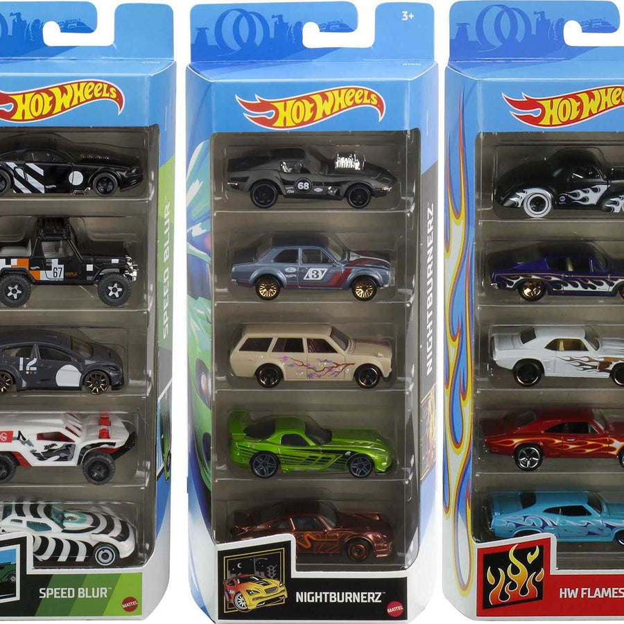 Hot Wheels Fast Pack 5-Pack Bundle with 15 Cars, 3 5-Packs of 1:64 Scale Racing Vehicles Themed Speed Blur, Nightburnerz & HW Flames, Gift for Collectors & Kids 3 Years Old & Up [Amazon Exclusive]