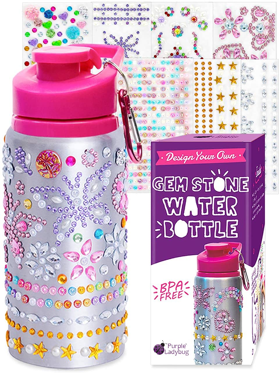 Purple Ladybug Decorate Your Own Water Bottle for Girls with Tons of Rhinestone Glitter Gem Stickers - BPA Free, Kids Water Bottle Craft Kit - Cute Gift for Girl, Fun DIY Arts and Crafts Activity