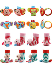 SSK Soft Baby Wrist Rattle Foot Finder Socks Set,Cotton and Plush Stuffed Infant Toys,Birthday Holiday Birth Present for Newborn Boy Girl 0/3/4/6/7/8/9/12/18 Months Kids Toddler,4 Cute Animals
