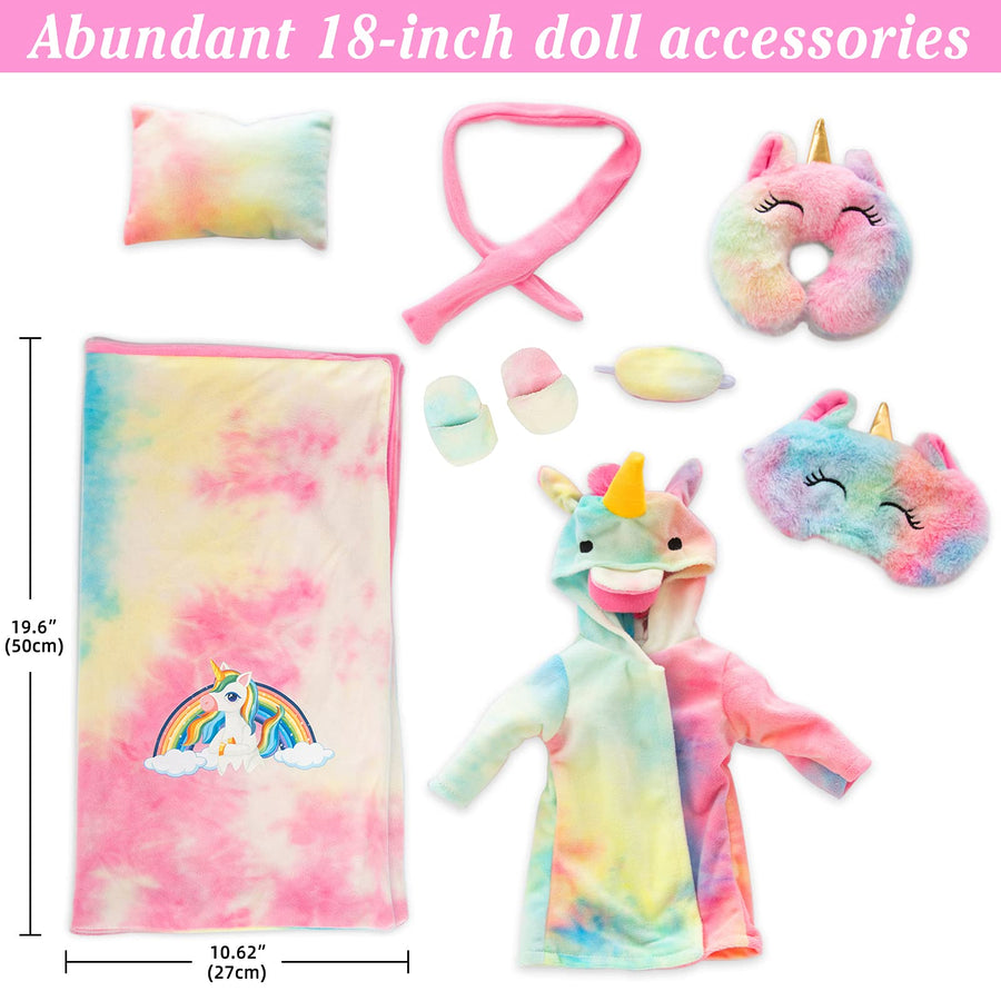 XFEYUE 18 inch Doll Clothes and Doll Sleeping Bag Set - Rainbow Unicorn Doll Costume with Unicorn Style Sleeping Bag, Pillow, Eye Mask Slumber Party Accessories Fits American 18 Inch Girl Doll