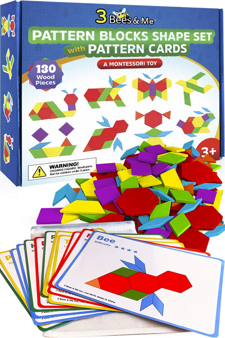 3 Bees & Me Wooden Pattern Blocks - Fun Montessori Learning Toys for Ages 3 to 9 - Tangram Shapes Set with 155 Pieces