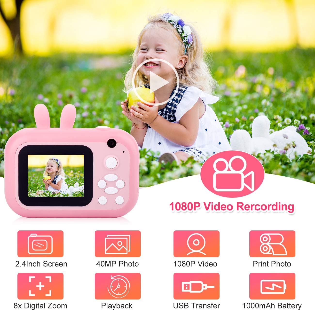 Instant Camera for Kids Digital Camera for Girls Toddler Camera with Print Paper, 40MP Kids Video Camera Child Selfie Camera Toy Camera Kids Camcorder with 2.4 Inch Screen and 32GB TF Card (Pink)