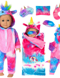 ebuddy 6 Pcs Colorful Tie-Dyed Unicorn Sleepwear Sleeping Bag Set Doll Accessories for 18 inch Our Generation Doll,American Girl Doll and 16-18 inch Baby Doll
