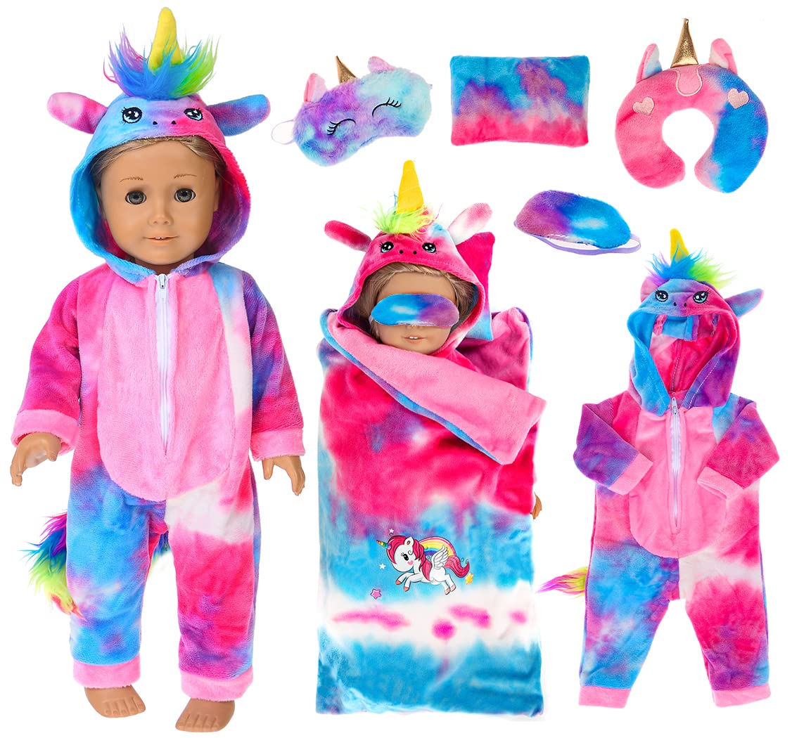 ebuddy 6 Pcs Colorful Tie-Dyed Unicorn Sleepwear Sleeping Bag Set Doll Accessories for 18 inch Our Generation Doll,American Girl Doll and 16-18 inch Baby Doll