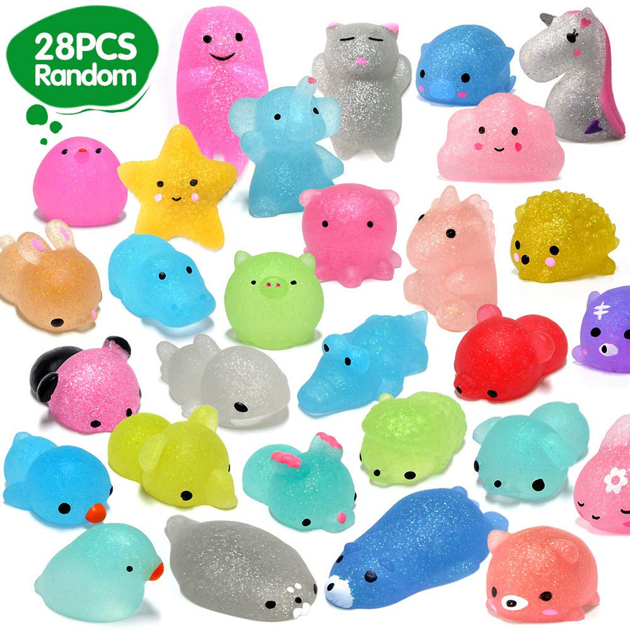 ORWINE Squishies 28pcs Mochi Squishys Toys 2nd Generation Party Favors for Kids Birthday Gift for Girl Boy Glitter Mini Squishy Mochi Animal Squishies Stress Relief Toy Xmas Gift for Kid Adult, Random