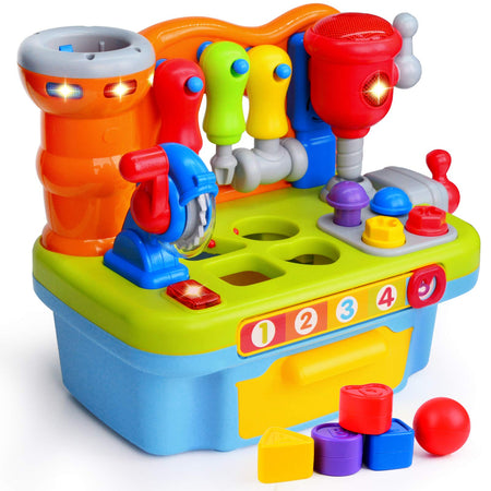 ORWINE Musical Learning Workbench Toddler Toys for Boys Girls Kid Baby Early Education Toys for 1 2 3 4 Years Old Construction Workbench Pretend Play Sound Effect Light Shape Sorter Tool Birthday Gift
