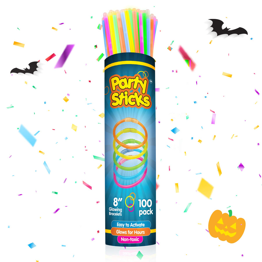 PartySticks Glow Sticks Party Supplies 100pk - 8 Inch Glow in the Dark Light Up Sticks Party Favors, Glow Party Decorations, Neon Party Glow Necklaces and Glow Bracelets with Connectors