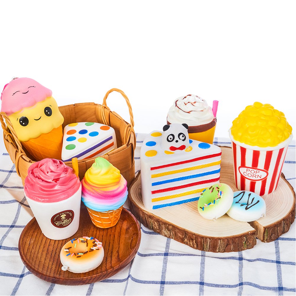 Slow Rising Jumbo SQUISHIES Set Pack of 7 - Rainbow Triangle Cake, Frappuccino, Popcorn, Donuts X2 & Ice Cream X2, Kawaii Squishy Toys or Stress Relief Toys Sticker Come with The Squishys