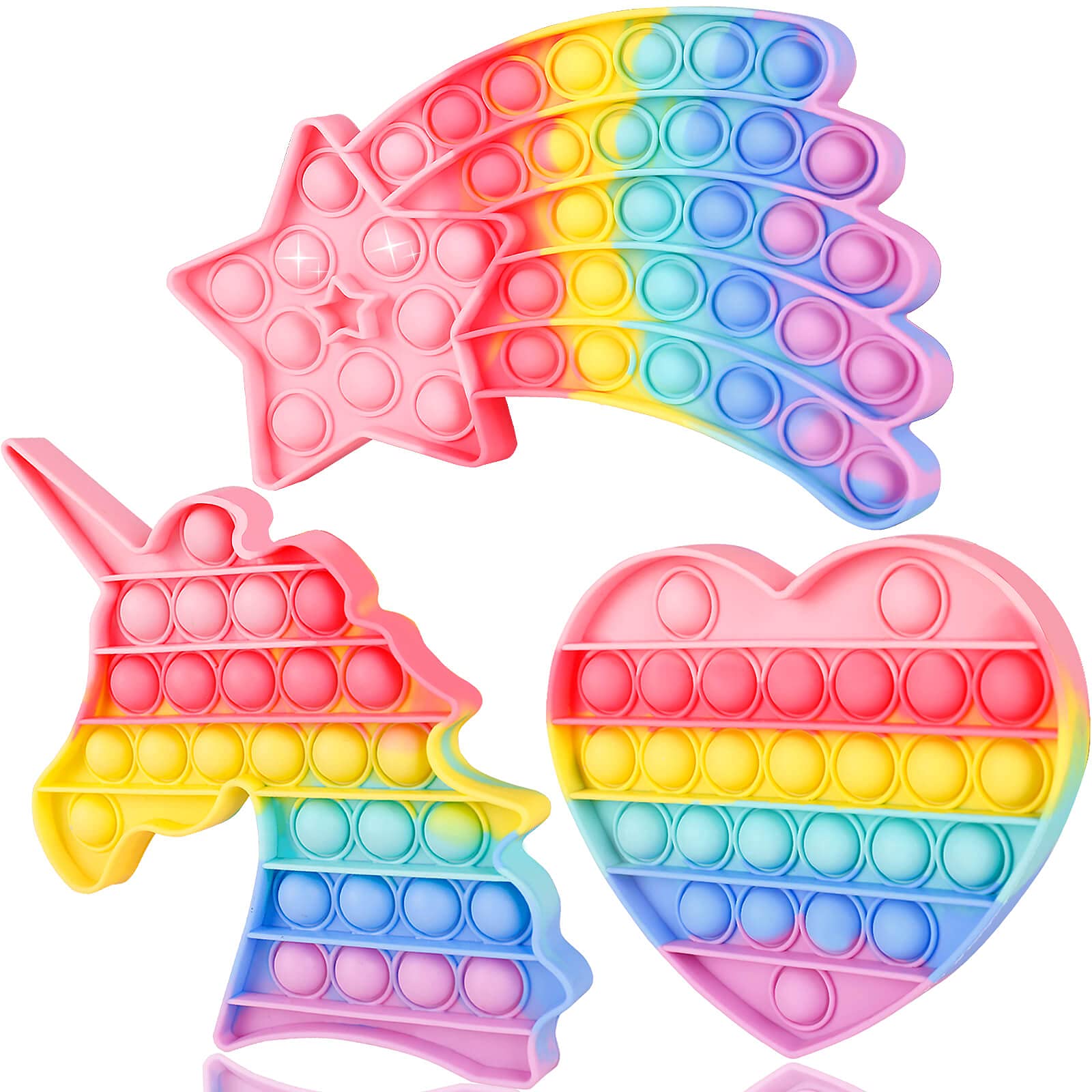 Aucma 3 Packs Bubble Pop Popper Fidget It Toy, Push Poop Poppop Poppers Pops Its Popet Popitsfidgets Popit Rainbow Heart Star Unicorn Christmas Holiday Valentines Gifts for Kids Girl Teens