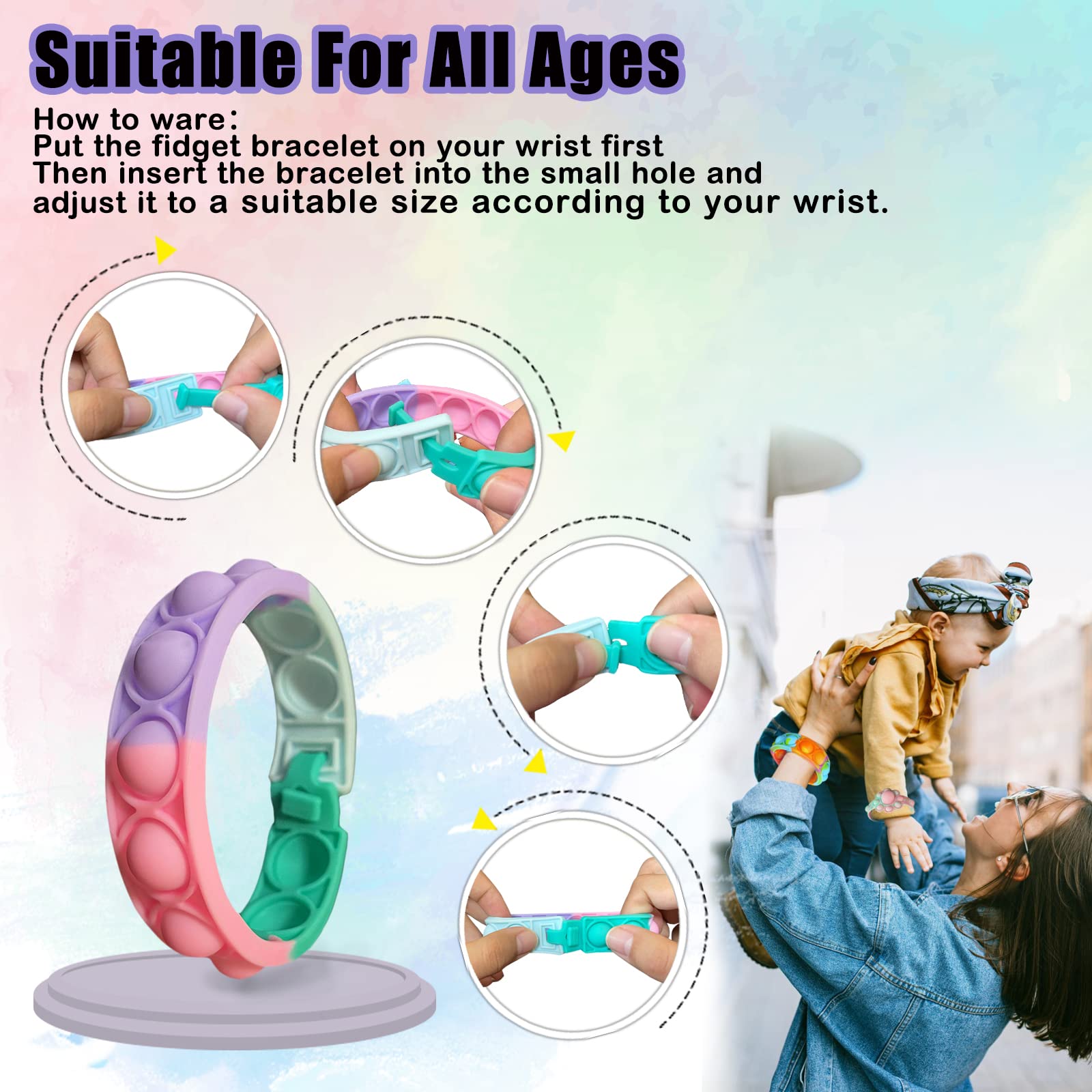 18PCS Pop Fidget Bracelets Toys, Wristband Fidget Toys Sets, Adjustable Stress Relief Push Pop Bubbles Fidget Sensory Toy Wearable for Kids and Adults