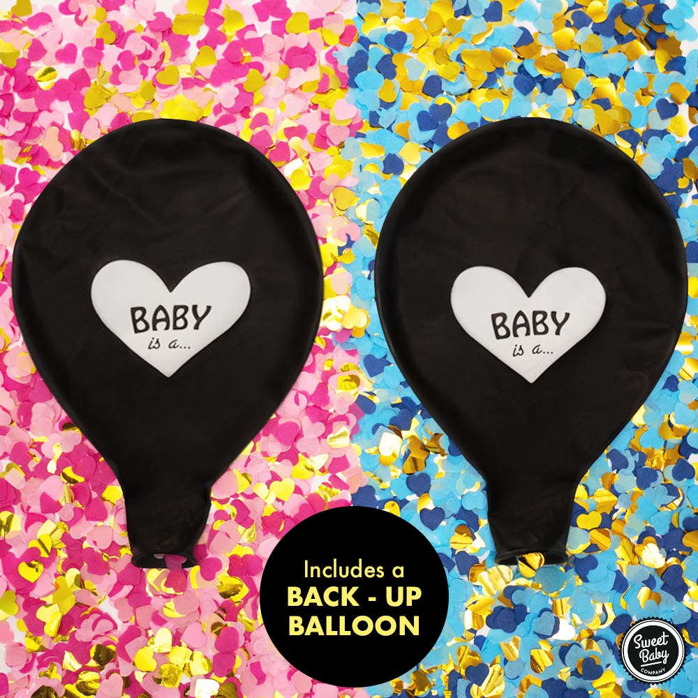 Sweet Baby Co. Jumbo 36 Inch Baby Gender Reveal Balloon | Big Black Balloons with Pink and Blue Heart Shape Confetti Packs for Boy or Girl | Baby Shower Gender Reveal Party Supplies Decoration Kit