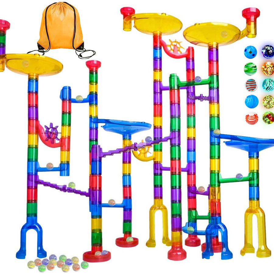 Meland Marble Run - 132Pcs Marble Maze Game Building Toy for Kid, Marble Track Race Set&STEM Learning Toy Gift for Boy Girl Age 4 5 6 7 8 9+ (102 Translucent Marbulous Pcs & 20 Glass Marbles)