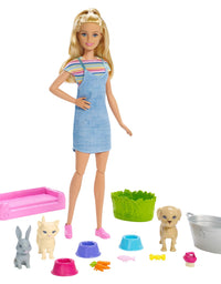 Barbie Play ‘n’ Wash Pets Playset with Blonde Doll, 3 Color-Change Animals a Puppy, Kitten and Bunny and 10 Pet and Grooming Accessories, Gift for 3 to 7 Year Olds
