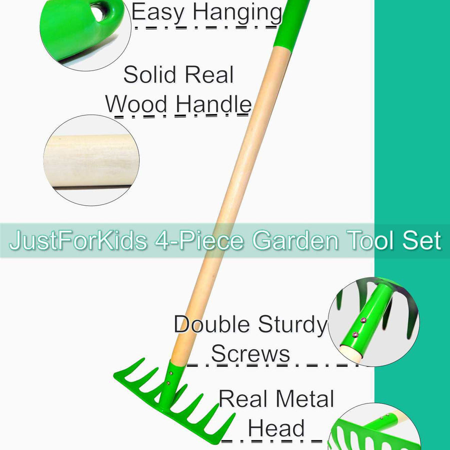 G & F JustForKids Kids Garden Tool Set Toy, Rake, Spade, Hoe and Leaf Rake, reduced size , made of sturdy steel heads and real wood handle, 4-Piece, Multicolored, 5yr+