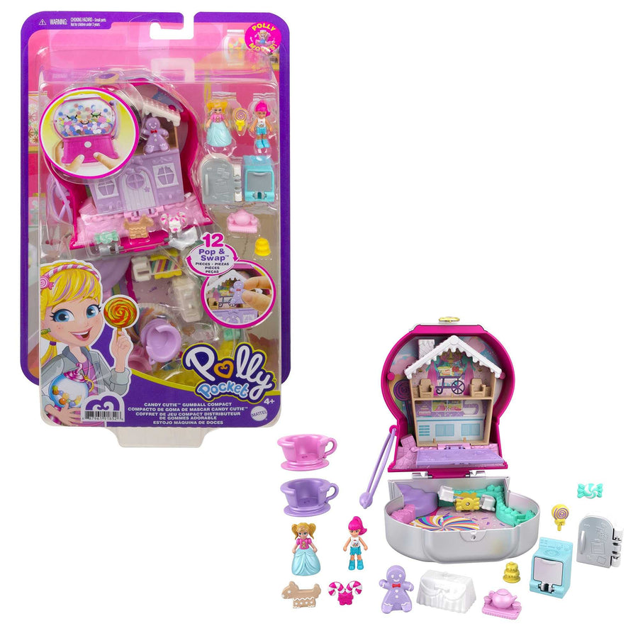 Polly Pocket Candy Cutie Gumball Compact, Gumball Theme with Micro Polly & Margot Dolls, 5 Reveals & 13 Related Accessories, Pop & Swap Feature, Great Gift for Ages 4 Years Old & Up