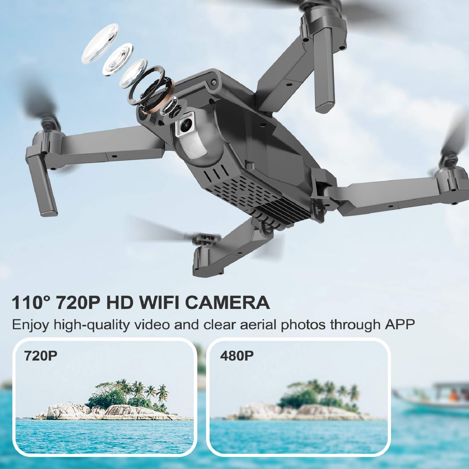 NEHEME NH525 Foldable Drones with 720P HD Camera for Adults, RC Quadcopter WiFi FPV Live Video, Altitude Hold, Headless Mode, One Key Take Off for Kids or Beginners with 2 Batteries