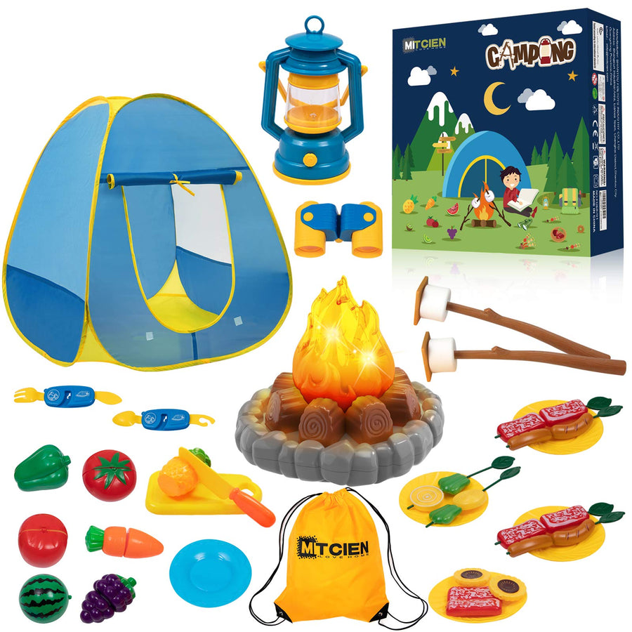 MITCIEN Kids Camping Play Tent with Toy Campfire / Marshmallow /Fruits Toys Play Tent Set for Boys Girls Indoor Outdoor Pretend-Play Game