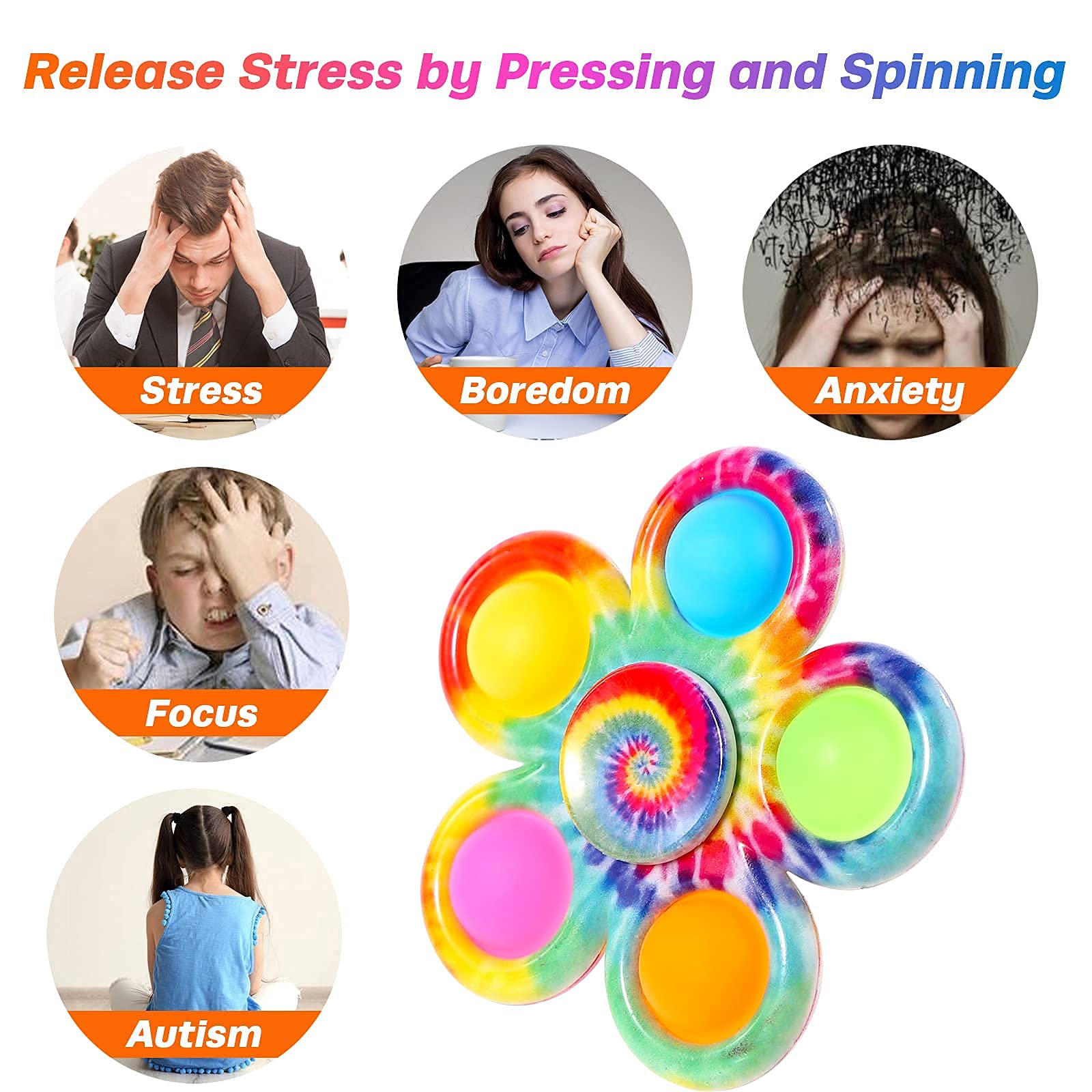 Effacera Pop Fidget Spinner Toys 4 Pack, Tie-Dye Popper Pop Bubble Spinner Set, Party Favors Sensory Fidget Bulk Pack Toys, Pop Hand Spinners, for Kids Teen Girl or Boy