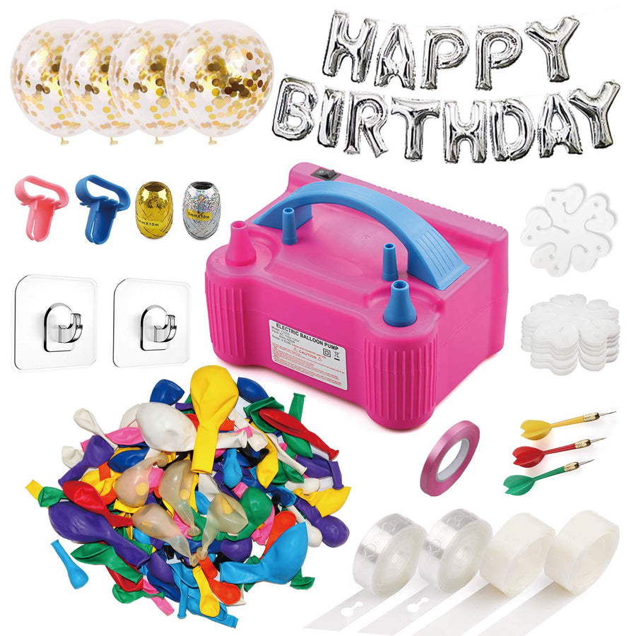 214 Pcs Balloon Pump Set- Electric Air Balloon Blower, Balloon Inflator 110V 600W Portable Dual Nozzles- Ballon Arch Garland Kit with Tape Strip, Tying Tool, Dot Glue, Flower Clip for Party Decoration